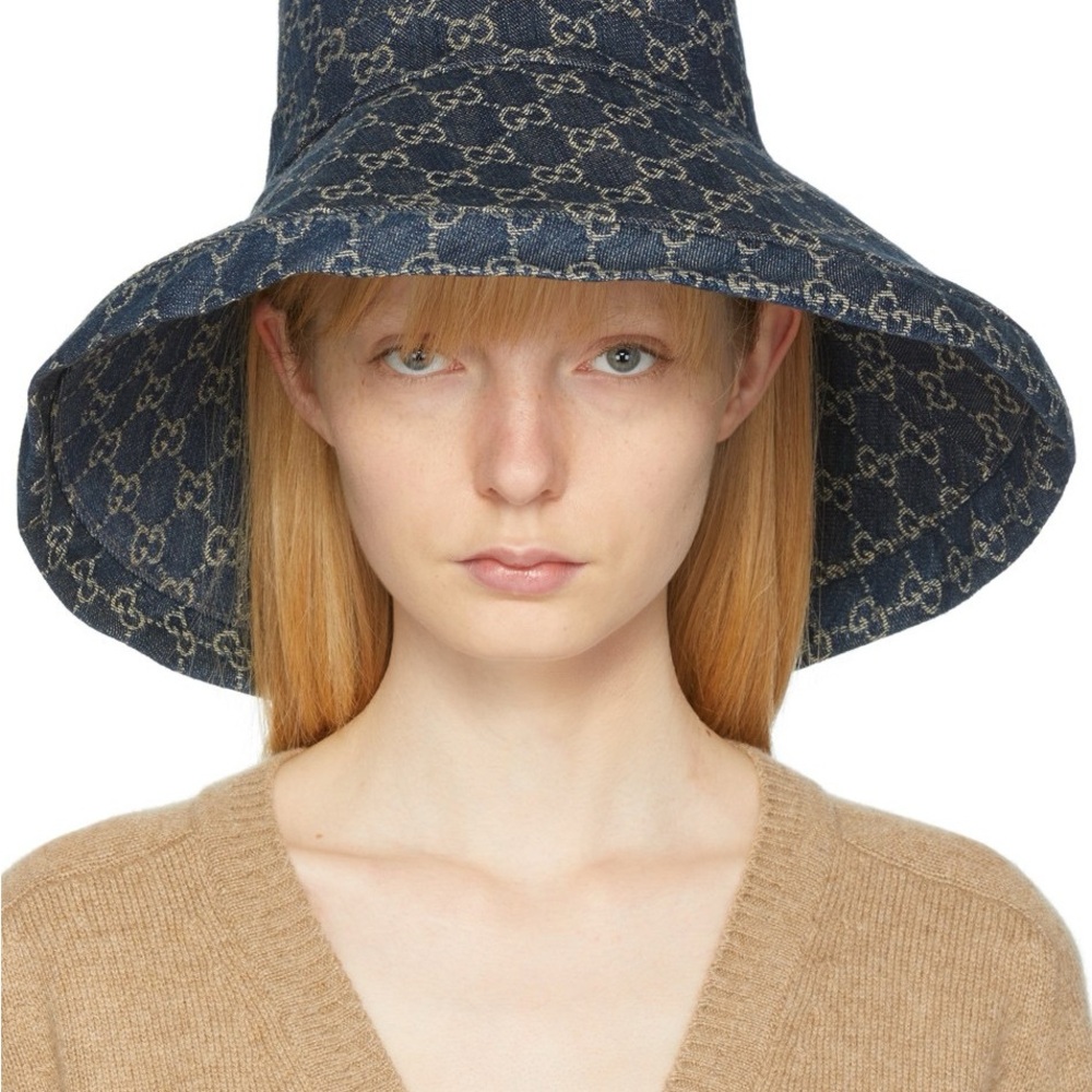 Denim Monogram Bucket Hat Wide Large Brim Jacquard Navy Blue Sun Beach - Picture 4 of 15